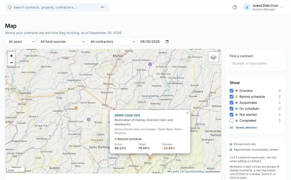 The PSMS map with contracts colored by status